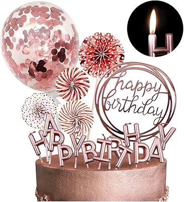 Décoration de gâteau joyeux anniversaire avec bannière joyeux anniversaire, bougies, confettis et éventails