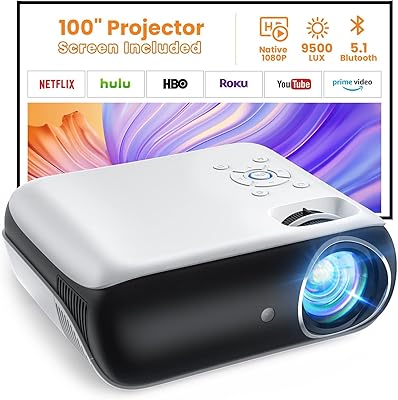 Projecteur bluetooth 1080p original avec écran 100 pouces, projecteur de film portable 9500l