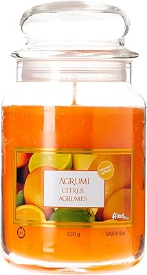 Grande bougie parfumée aux agrumes aladino dans un pot en verre. durée