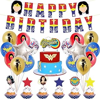 Décorations de fête d'anniversaire wonder woman 44 pièces, bannière joyeux anniversaire wonder woman