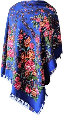 Écharpe russe élégante pour femme, style folk (95 cm x 95 cm) bleu