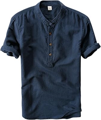 Chemises henley en lin à manches courtes de style chinois rétro pour hommes