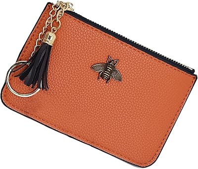 Porte-monnaie en cuir pour femme avec porte-clés, pompon et fermeture éclair, petit, art
