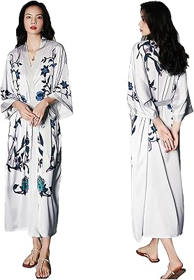 Peignoir long et soyeux de luxe à enfiler à col en v pour femme, pyjama léger en satin doux, vêtements de nuit imprimés floraux, vêtements de nuit gris clair, taille unique plus grande. Diaytar : Votre partenaire e-commerce au quotidien