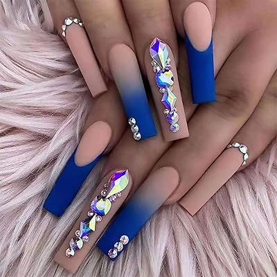Faux ongles à presser, ongles français extra longs, couleur chair, mat avec strass