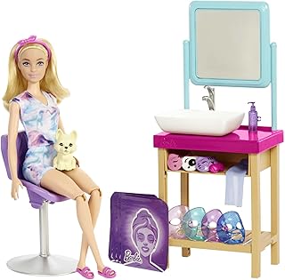 Ensemble de jeu barbie sparkle mask spa day, poupée barbie blonde, 7 masques