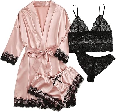 Ensemble pyjama 4 pièces en dentelle florale pour femme avec robe, rose, taille