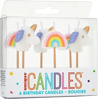 Unique party 19988 - bougies d'anniversaire licorne et arc-en-ciel, paquet de 6