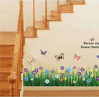 Halamodo stickers muraux fleurs d'herbe verte papillons, bordure de clôture de jardin, autocollants
