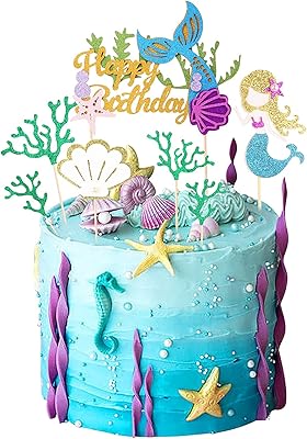 Décoration de gâteau d'anniversaire sirène à paillettes avec algues et sirène pour décoration