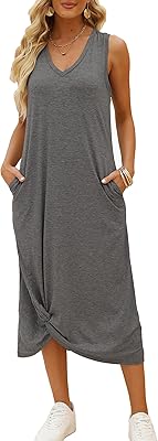 Robe longue décontractée sans manches à col en v et nœud sur le devant pour la plage d'été, longueur cheville avec poches. Diaytar Sénégal : Le e-commerce qui change la donne