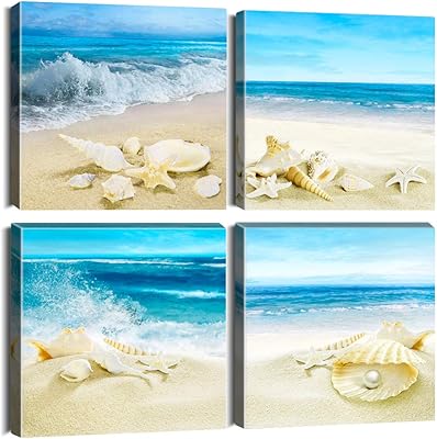 Autostar 4 pièces d'impression sur toile - peinture murale avec coquillages de plage et de mer - illustration moderne encadrée pour salle de bain, bureau et décoration intérieure 12 x pouces. Diaytar Sénégal : L'e-commerce qui vous ressemble