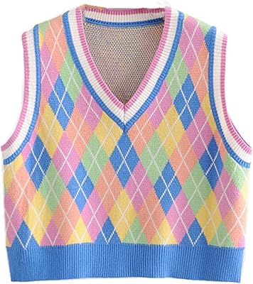 Jinqin gilets pour femmes, style preppy rose à carreaux pull tricoté gilet femmes