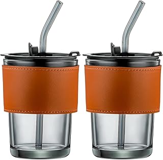 V2com tasse à eau en verre avec paille et couvercle lot de 2