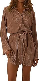 Robe courte pour femme avec col en v, bas boutonné, manches longues