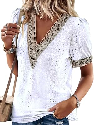 Chemisier femme col v en dentelle et manches courtes brodées de trous
