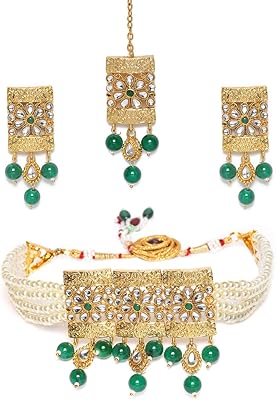 Mangtika, ensemble boucles d'oreilles et collier parsemés de perles, kundan et perles vertes