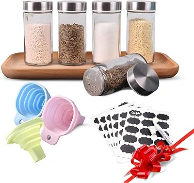 Lot de 5 pots à épices en verre avec couvercles et étiquettes
