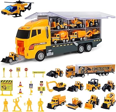 Ensemble de jouets de camion de construction technique découpé avec panneaux de signalisation