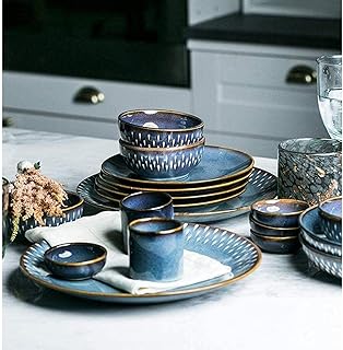 Service de table 6 pièces en porcelaine blanche avec rayures en céramique noire