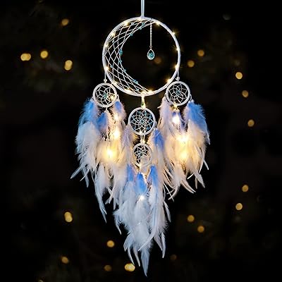 Attrape-rêves led en forme de lune en demi-cercle avec plumes faites à la main,