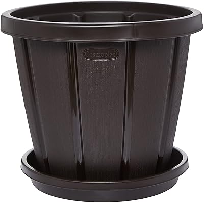 Pot de fleur rond en plastique de style cèdre cosmoplast avec plateau 10