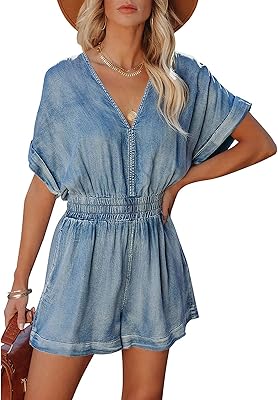 Combinaison courte en jean pour femme, col en v, manches courtes, vintage, poches