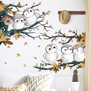 Ohoki dessin animé hiboux sur branches vinyle autocollant mural amovible imperméable amovible vinyle