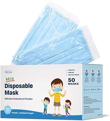 Masques jetables wecare kids, 50 masques colorés, emballés individuellement