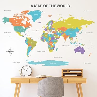 Decoall dl 3-2302 autocollants muraux colorés de carte du monde éducatif pour enfants pour salon, chambre à coucher, bureau, chambre d'enfant, décoration amovible (taille xl). Diaytar : Votre allié pouvoir d'achat au quotidien