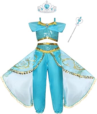 Robe princesse jasmine aladdin pour filles, costume d'halloween pour fête d'anniversaire avec diadème