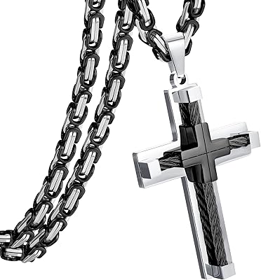 Collier croix pour hommes, grande chaîne croix argent/or/noir, collier pendentif byzantin, 24 pouces