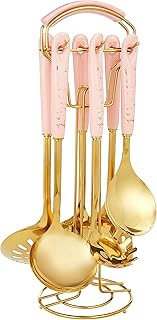 Ensemble d'ustensiles de cuisine 7 pièces, acier inoxydable avec manche en céramique rose