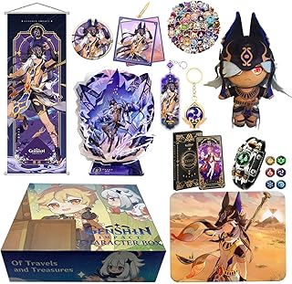 Genshin impact merch box, comprend une figurine, une peluche, des porte-clés, des autocollants