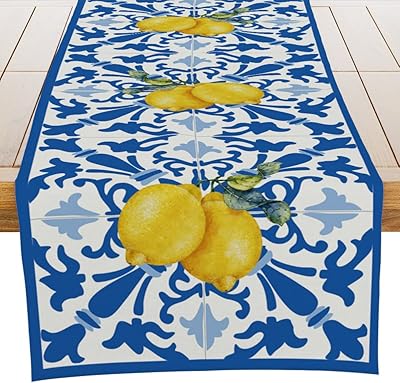 Chemin de table d'été en carreaux italiens bleu citron italien pour salle à