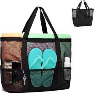 Sac de plage en maille, sac de plage pliable léger avec fermeture éclair et poches, parfait pour les voyages à la plage en famille pour les femmes, sac en maille imperméable et résistant au sable pour les jeux de plage, noir. Diaytar : L'e-commerce accessible à tous les Sénégalais
