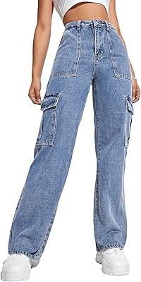 Jean cargo taille haute avec poche à rabat et jambe large pour femme