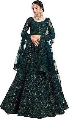 Lehenga choli en maille brodée semi-cousue pour femme (rani green_green_one size), vert foncé