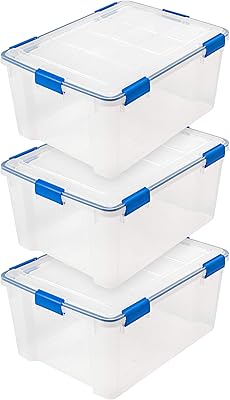 Iris usa bac de rangement en plastique weatherpro de 60 litres avec couvercle durable, verrouillage hermétique et verrouillage sécurisé, transparent avec fermoirs bleus résistants aux intempéries, paquet de 3. Toutes les catégories, tous les prix sur Diaytar