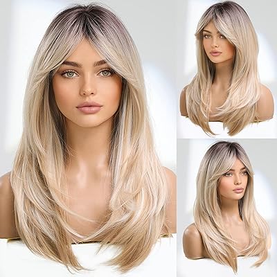 Perruques blondes pour femmes, perruque blonde longue avec frange, perruques d'aspect naturel résistantes