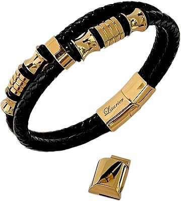 Bracelet en cuir pour homme [cloche dorée] de luxe véritable avec fermoir