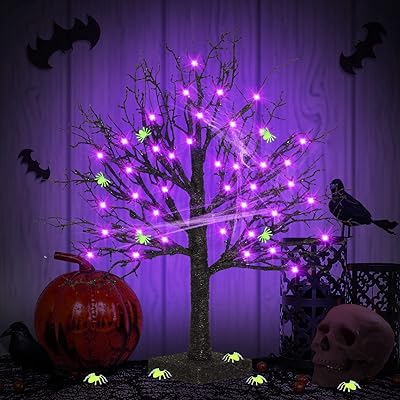 Arbre d'halloween noir remon de 1,5 pied avec 10 araignées et toiles lumineuses