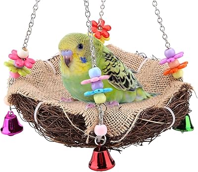 Nid d'oiseau en rotin à suspendre, jouets pour perroquets avec cloches, accessoires