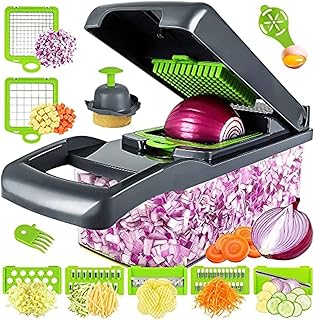 Coupe-légumes multifonction 14 en 1 avec récipient et coupe-oignons avec lames en acier
