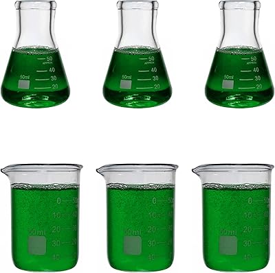 Lot de 6 béchers en verre robustes, flacon en verre erlenmeyer de 50