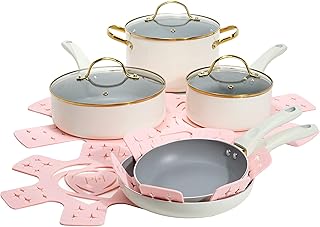 Batterie de cuisine paris hilton avec couvercle à bord doré, 12 pièces, crème