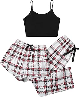 Ensemble pyjama 3 pièces à carreaux, short et short pour femme