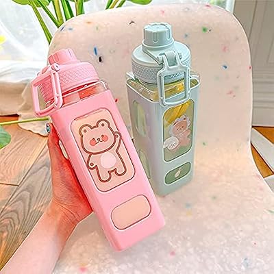 Jqwsvi bouteille d'eau kawaii avec paille et autocollant, bouteille d'eau ours kawaii, grande