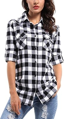 Chemise en flanelle à carreaux boutonnée à manches longues pour femme