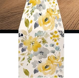 Chemin de table à motif floral jaune, aquarelle, fleurs d'été saisonnières